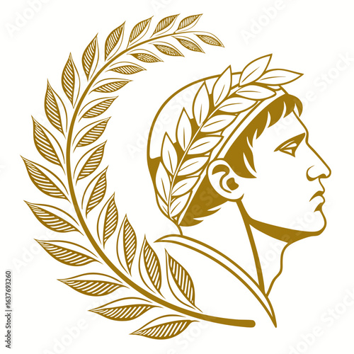 Golden Laurel Wreath with Crowned Profile Symbolizing Victory