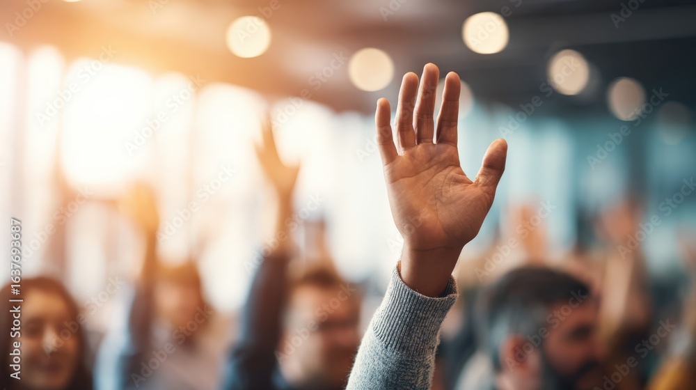 Obraz premium Audience members raising their hands during a conference, demonstrating active participation and engagement in a corporate event