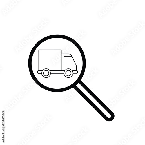 tracked delivery truck icon, outline vector of logistics vehicle with tracking symbol for shipping apps, courier branding, and e-commerce platforms