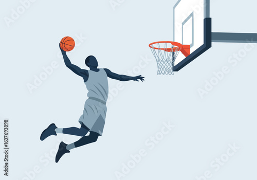 Basketball Player Soars for a Powerful Slam Dunk Attempt