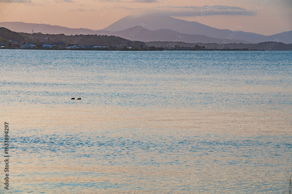 Naklejka premium 茨城 夕暮れの霞ヶ浦と筑波山