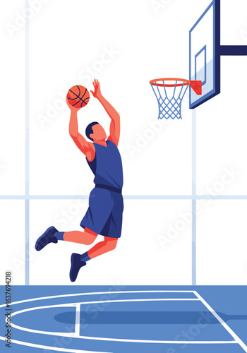 Athlete performs a powerful slam dunk during a basketball game