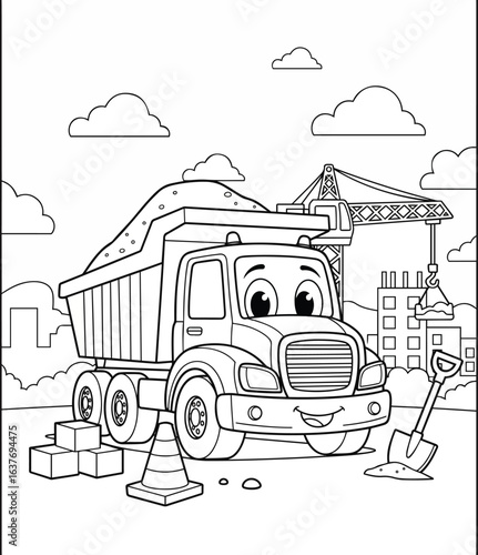 Happy Dump Truck at the Construction Site Coloring Page