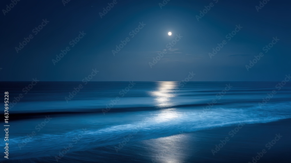 Fototapeta premium Moonlit Seascape with Gentle Waves: A Serene Nighttime Coastal Scene Ideal for Relaxation and Inspiration