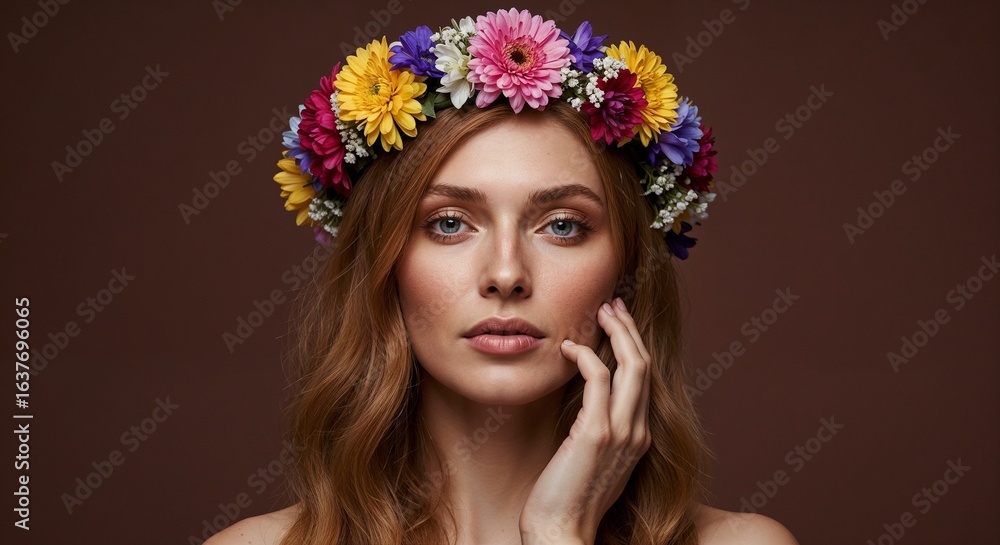Naklejka premium Young woman with flower crown touching her face on brown background 