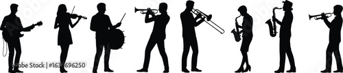 Musicians, silhouette, guitar, violin, drum, trumpet, trombone, saxophone, band, vector, black, performance