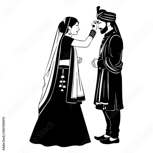 Minimal Hindu Wedding Bride Applying Tilak Ceremony Vector Illustration