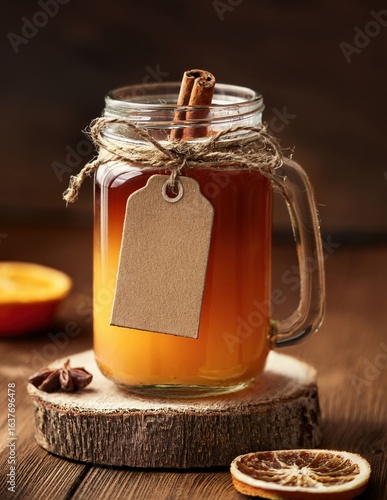 A rustic and warming winter beverage. Hot toddy or mulled cider in a mason jar mug with a cinnamon stick and orange slice, perfect for a cozy, festive fireside moment.