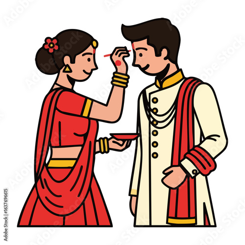 Minimal Hindu Wedding Bride Applying Tilak Ceremony Vector Illustration