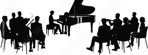 Orchestra, silhouette, pianist, grand piano, musicians, string, wind, ensemble, vector, black, performance, seated