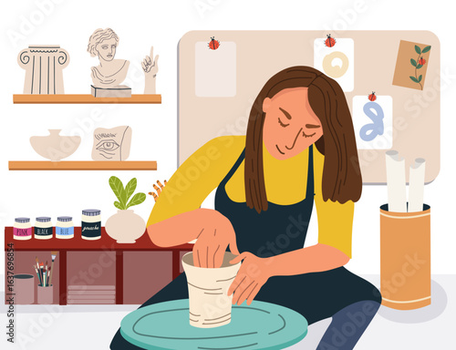 Potter's wheel illustration, master class, workshop creative studio. Vector  hand drawn flat illustration.
