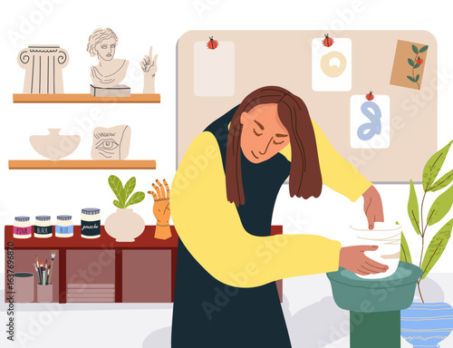 Potter's wheel illustration, master class, workshop creative studio. Vector  hand drawn flat illustration.