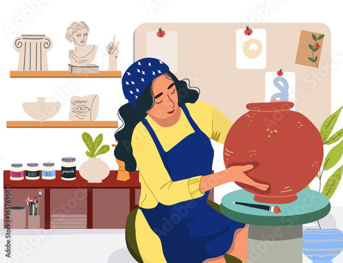 Potter's wheel illustration, master class, workshop creative studio. Vector  hand drawn flat illustration.