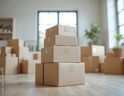 Stacked moving boxes in a bright room with more boxes and plants visible in the background of the scene