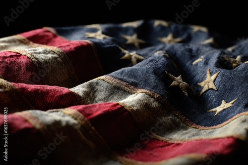 Fényképezés American flag draped gracefully showcasing its vibrant colors and historical sig