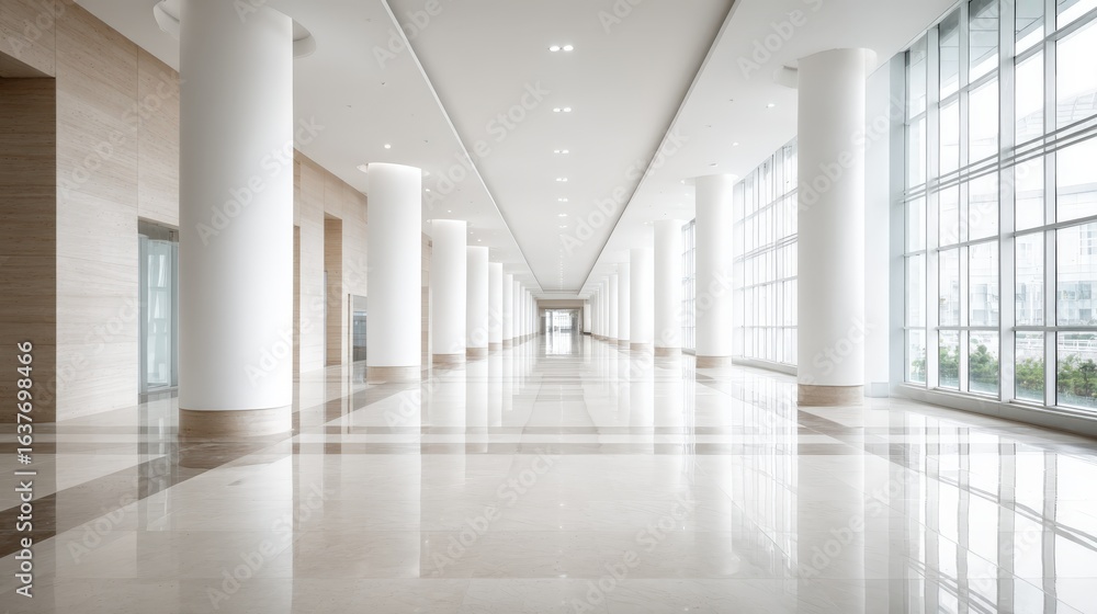 Fototapeta premium Bright Modern Lobby Interior with White Columns and Large Windows Providing Natural Light