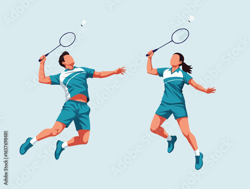 Dynamic Badminton Match Featuring Two Athletes in Mid-Air Action