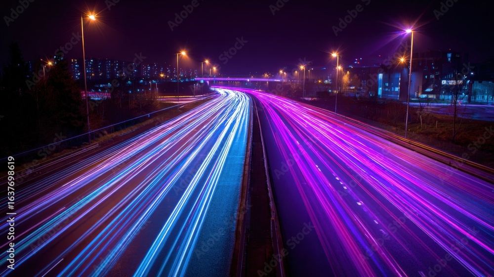 Obraz premium City Highway at Night with Long Exposure Light Trails and Urban Infrastructure