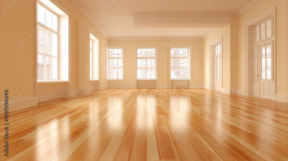 Fototapeta premium Bright and Airy Empty Room with Polished Hardwood Flooring, Natural Light and Neutral Walls