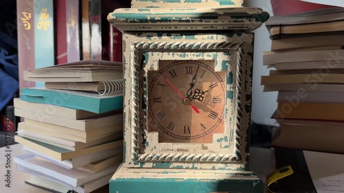 Vintage wooden clock ticking Antique timepiece close-up in bedroom interior Retro nostalgia lifestyle morning light Slow-moving second hand Classical design library furniture household object indoors
