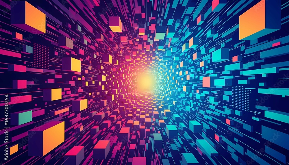 Fototapeta premium Geometric digital art of a hyperspace corridor with glowing neon blocks