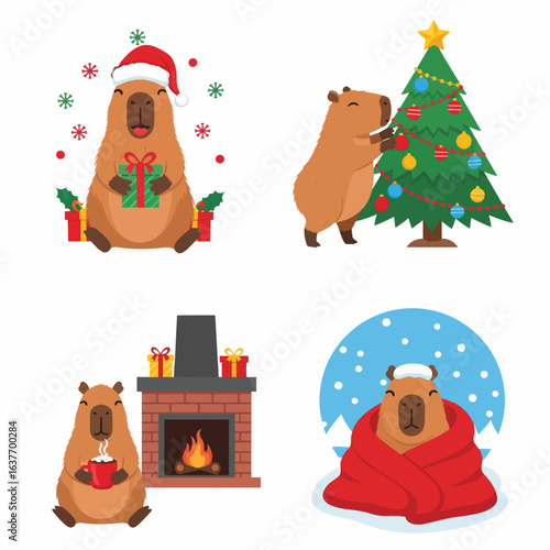 Cute Capybara Christmas Holiday Characters Scenes