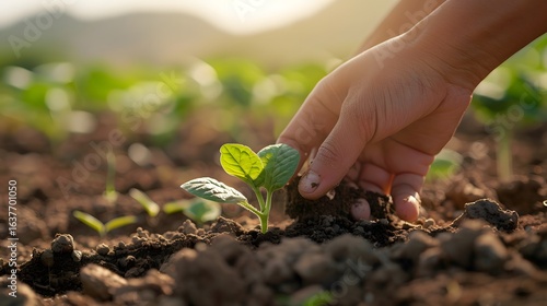 Hands gently planting a vibrant green seedling in fertile soil at sunrise