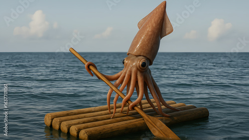 Squid rowing a wooden raft across calm ocean waters, surreal and humorous realistic scene
