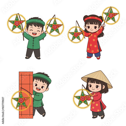 Children Celebrating Traditional Festival Holding Star Lanterns