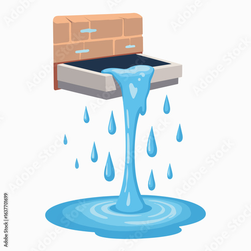 Leaking gutter overflowing with water causing puddle. Damaged gutter needs repair.  Water damage from broken gutter.  Repairing leaking gutter is essential for home maintenance.