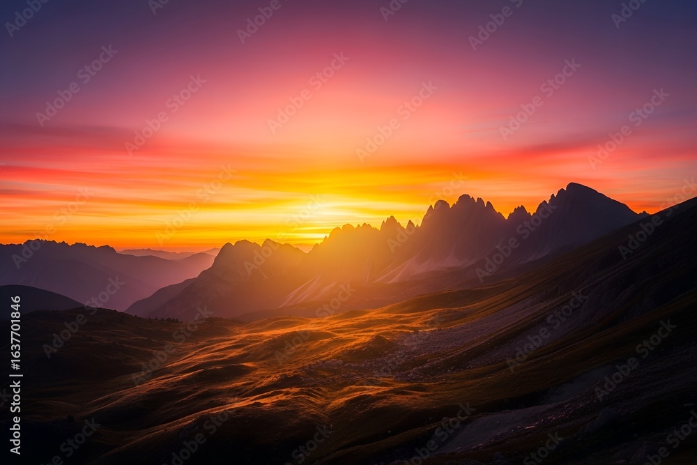 Fototapeta premium A vivid sunset over mountain peaks casting a warm glow across the landscape and sky horizon view