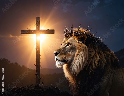 Lion with crown of thorns and cross at sunset