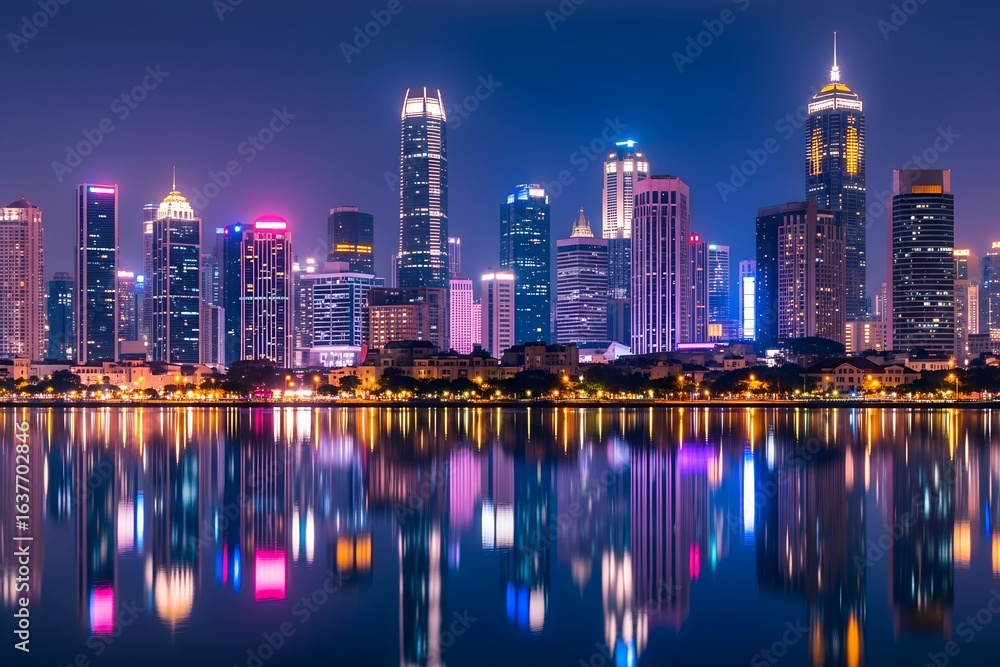 Fototapeta premium Night cityscape reflecting in water with illuminated skyscrapers and trees along the shoreline view
