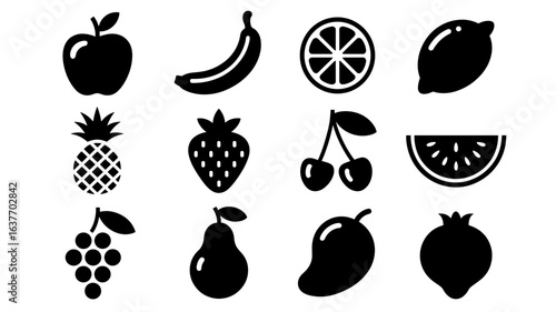 Silhouette fruit icons set: apple, banana, citrus, and more in bold black designs