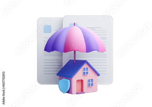 A pink house, protected by a purple and pink umbrella, sits atop documents
