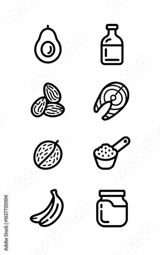 Set of linear healthy food icons featuring nuts, seeds, and oils