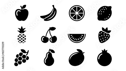 Silhouette fruit icons set: apple, banana, citrus, and more in bold black designs