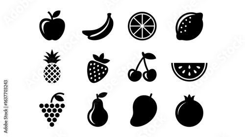 Silhouette fruit icons set: apple, banana, citrus, and more in bold black designs
