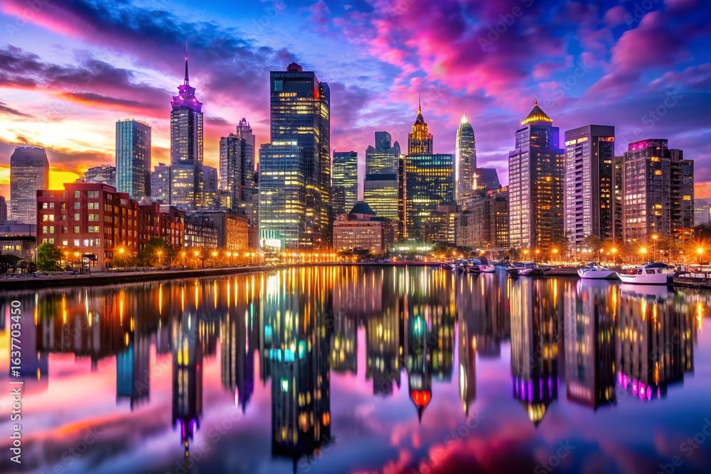 Naklejka premium City skyline reflected in water at night with vibrant sunset and illuminated buildings creating a scenic view