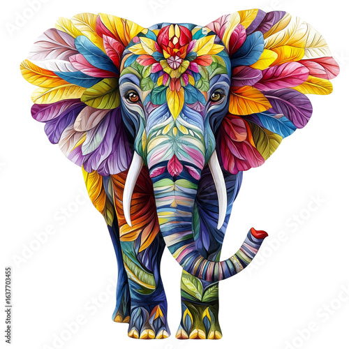 An elephant wearing colorful garments and festival decorations on transparent png background. Ai generated