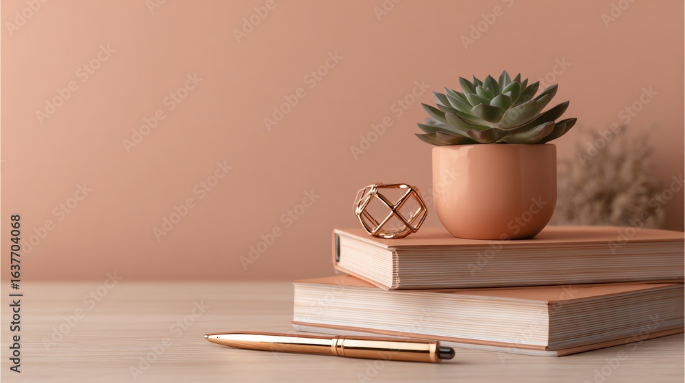 Fototapeta premium A serene still life composition features a succulent plant in a terracotta pot resting atop stacked notebooks, complemented by a geometric metal sculpture and a rose gold pen, evoking a sense of calm