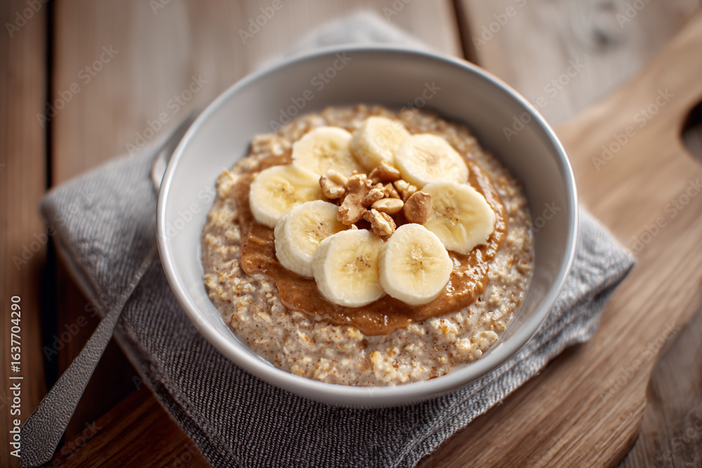 Flat lay of oatmeal with banana and almond butter Flat lay of oatmeal with banana and almond butter