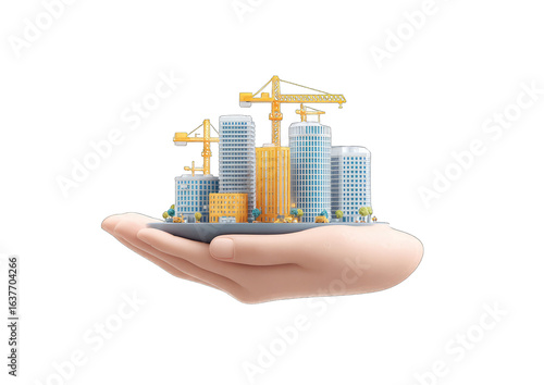 A hand holds a miniature city under construction