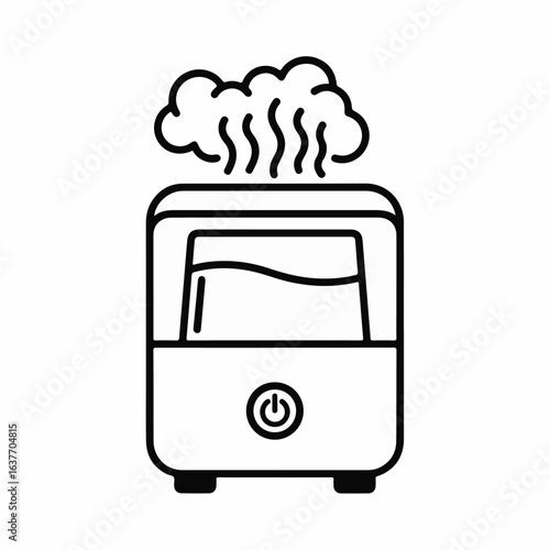 Dehumidifier shown in simple line drawing with water tank and steam cloud. Dehumidifier illustration can be used in a pamphlet or presentation.