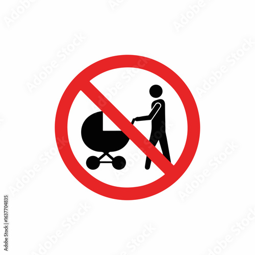 Prohibiting sign displaying no strollers allowed within red circle, preventing parents from using baby carriages. This prohibiting sign is universal and easy to understand,