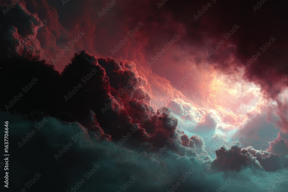 Naklejka premium Dramatic clouds illuminated by sunlight break through during an intense sunset above a serene landscape