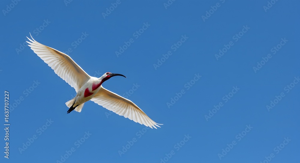 Obraz premium Elegant Japanese Crested Ibis in flight, soaring with widespread wings against a clear, brilliant blue sky.