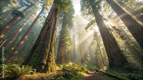 Looking up at the majestic giant sequoia trees in the national park on a sunny day, Ancient redwood tree canopy with sunlight.
