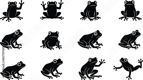 Frog silhouette set, black frog icons, dynamic frog poses, sitting and jumping frogs, amphibian illustrations, nature theme, wildlife graphics