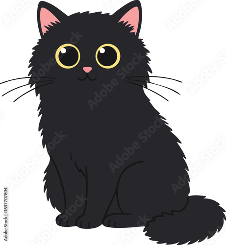 Black fluffy cat with big yellow eyes sitting cute vector illustration for pet lovers and animal art designs 